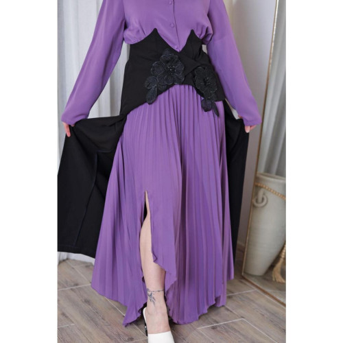 طقم مميز بلوزة وتنورة - شيفون بلاسية - قطعتين - بنفسجي وأسود