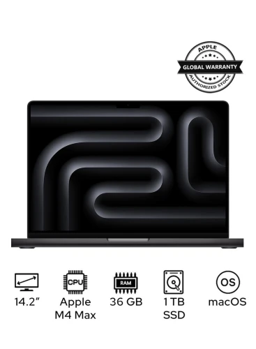 ماك بوك برو MX2K3 Liquid XDR Retina بشاشة 14 بوصة، شريحة M4 Max CPU 14-Core، معالج رسومات 32-Core، ذاكرة وصول عشوائي (RAM) سعة 36 جيجابايت، قرص SSD سعة 1 تيرابايت، نظام تشغيل ماك (باللغتين الإنجليزية والعربية) أسود فضائي
