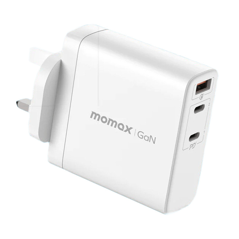 موماكس شاحن جداري  بتقنية الجان سريع الشحن بمنفذين USB|C ومنفذ USB وبمجموع القوة 140 واط | أبيض