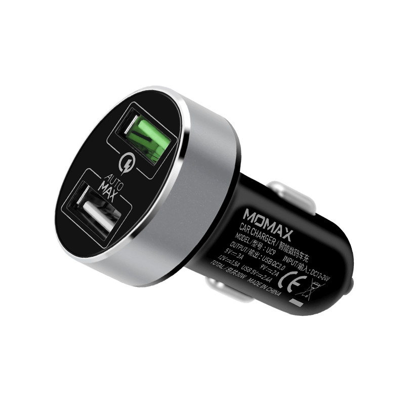 موماكس شاحن سيارة  30 واط مخرجين USB  لون اسود