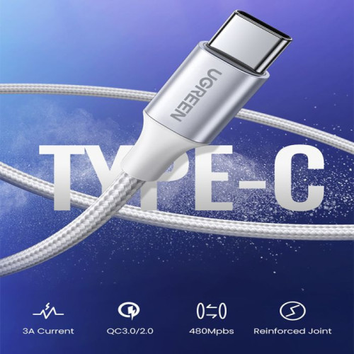 يوجرين سلك شاحن من USB إلى USB-C مضفر بطول 3 م - فضي