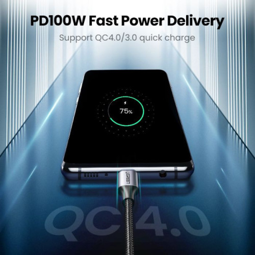 يوجرين سلك شاحن من USB-C إلى USB-C مضفر بطول 1 م - أسود