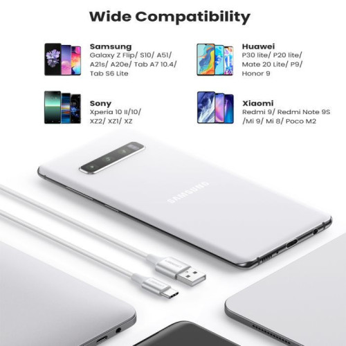 يوجرين سلك شاحن من USB إلى USB-C مضفر بطول 2 م - أبيض