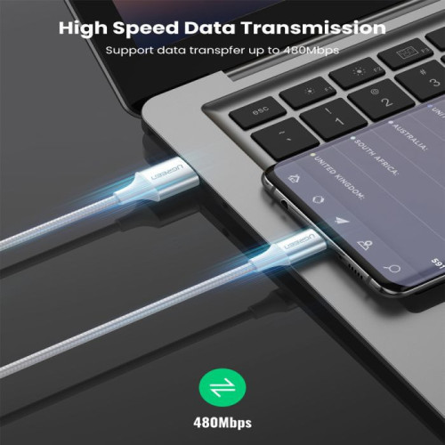 يوجرين سلك شاحن من USB إلى USB-C مضفر بطول 2 م - أبيض
