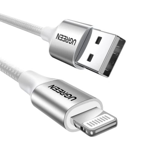 يوجرين Lightning - USB كابل شاحن ونقل بيانات مضفر - فضي