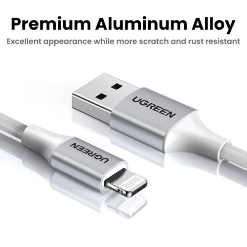 يوجرين Lightning - USB كابل شاحن ونقل بيانات مضفر - فضي