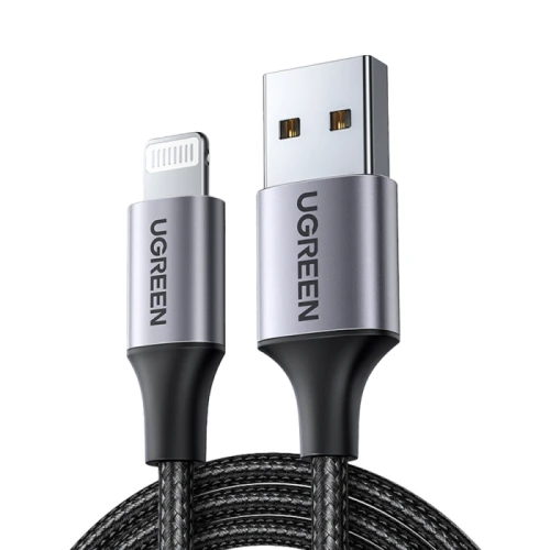 يوجرين Lightning - USB كابل شاحن ونقل بيانات مضفر من الألومنيوم - أسود