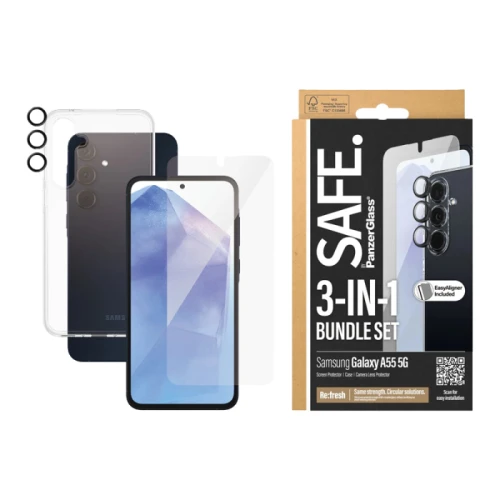 بانزر جلاس SAFE حزمة حماية 3 في 1 لهاتف سامسونج جالاكسي A55 5G - شفاف