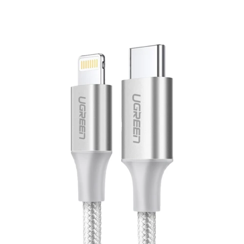 يوجرين سلك شاحن من Type-C إلى Lightning - نايلون مظفر - 1 متر - فضي