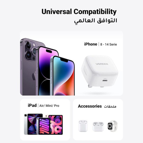 يوجرين شاحن سريع جداري بمنفذ PD + كابل تايب سي إلى أيفون - 20 واط - 1 متر - أبيض