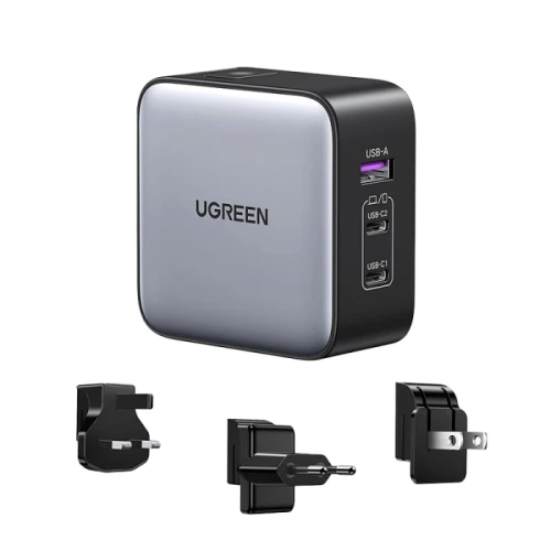 يوجرين نيكسود شاحن GaN بمنفذين USB-C ومنفذ USB متعدد القابس - 65 واط - رمادي
