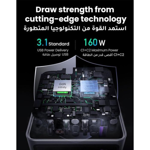 يوجرين شاحن جداري بقوة 140 واط - بمنفذين PD وبمنفذ USB-A بتقنية GaN شحن سريع - رمادي