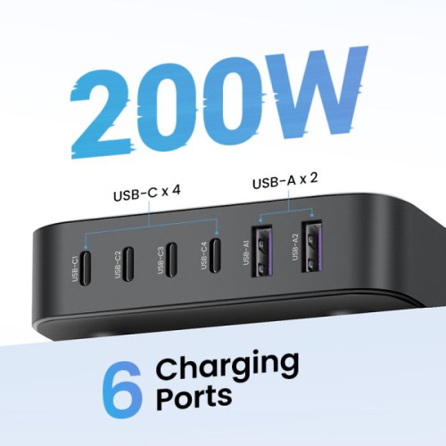 يوجرين شاحن بقوة 200 واط - 4 منافذ PD وبمنفذين USB-A بتقنية GaN - رمادي