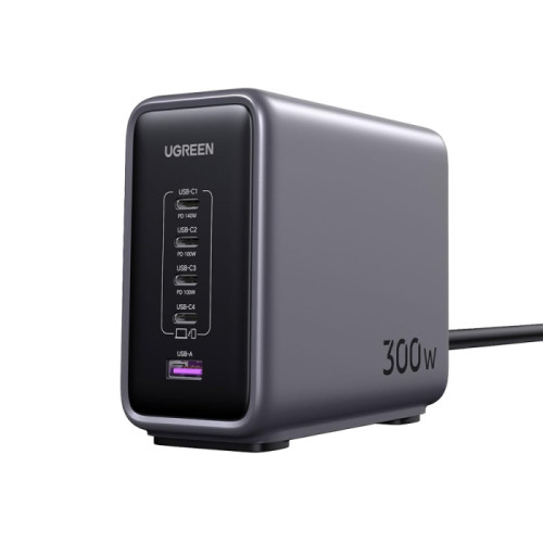 يوجرين نيكسود شاحن جداري بقوة 300 واط - 4 منافذ USB-C و منفذ USB-A - أسود