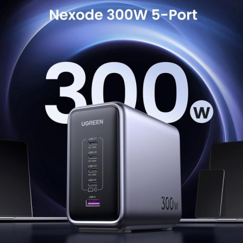 يوجرين نيكسود شاحن جداري بقوة 300 واط - 4 منافذ USB-C و منفذ USB-A - أسود