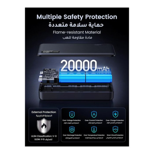 يوجرين باور بانك 20000 مللي أمبير - 3 منافذ - أسود