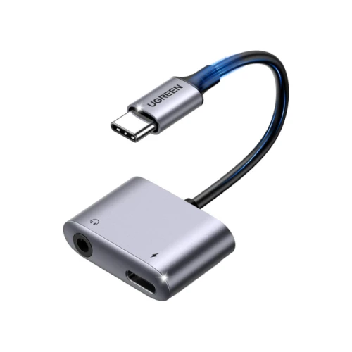 يوجرين كابل صوت USB-C إلى AUX 3.5 مم ومنفذ شحن USB-C - فضي