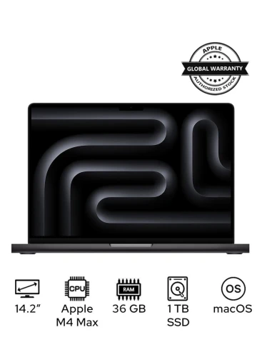 ماك بوك برو MX2K3 Liquid XDR Retina بشاشة 14 بوصة، شريحة M4 Max CPU 14-Core، معالج رسومات 32-Core، ذاكرة وصول عشوائي (RAM) سعة 36 جيجابايت، قرص SSD سعة 1 تيرابايت، نظام تشغيل ماك (باللغتين الإنجليزية والعربية) أسود فضائي