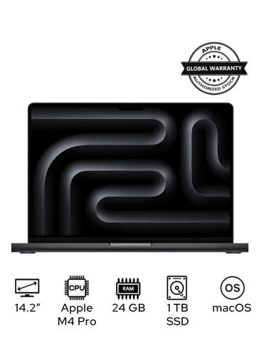ماك بوك برو MX2J3 Liquid XDR Retina بشاشة 14 بوصة، شريحة M4 Pro، وحدة معالجة مركزية 14 نواة، معالج رسومات 20 نواة، ذاكرة وصول عشوائي 24 جيجابايت، قرص SSD 1 تيرابايت، نظام تشغيل ماك (الإنجليزية/العربية) أسود فضائي