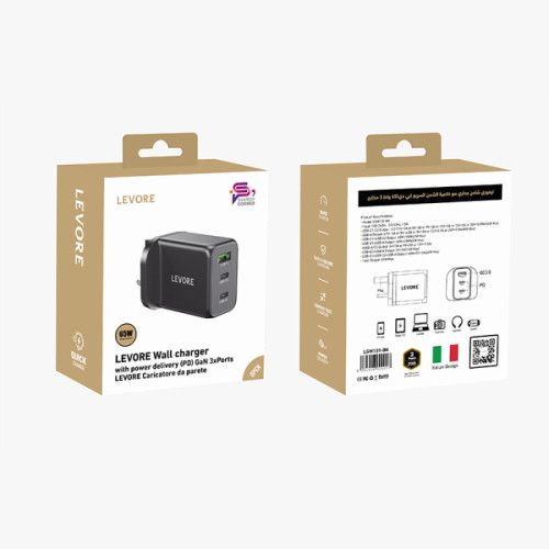 ليفوري شاحن حائط محول شحن سريع بمنفذين USB-C ومنفذ USB-A - بقوة 20 واط - LGW131