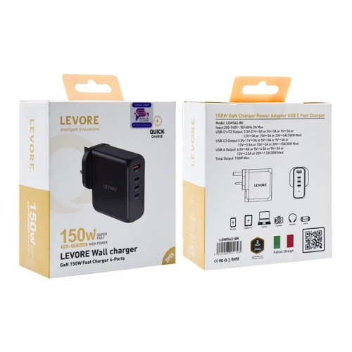 ليفوري شاحن جداري - 150 واط - 4 منافذ (3 منافذ PD ومنفذ USB) بتقنية GaN - أسود