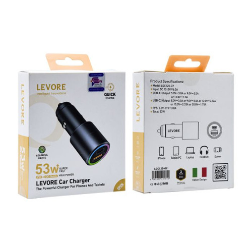 ليفوري شاحن سيارة سريع - 53 واط - منفذين (منفذ PD ومنفذ USB-C) - رمادي