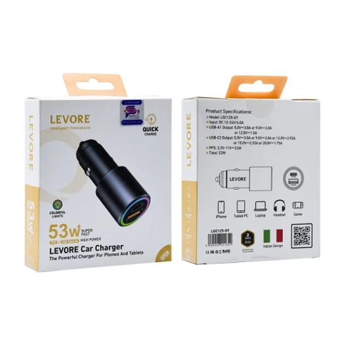 ليفوري شاحن سيارة سريع - 53 واط - منفذين (منفذ PD ومنفذ USB-C) - رمادي