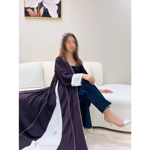 عباية لف نص كلوش قماش احساس بالتطريز مع تحديد القيطان - بنفسجي - A168
