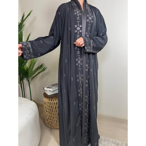 عباية لف نص كلوش تطريز كامل بقماش احساس وكم عادي - رصاصي - A182