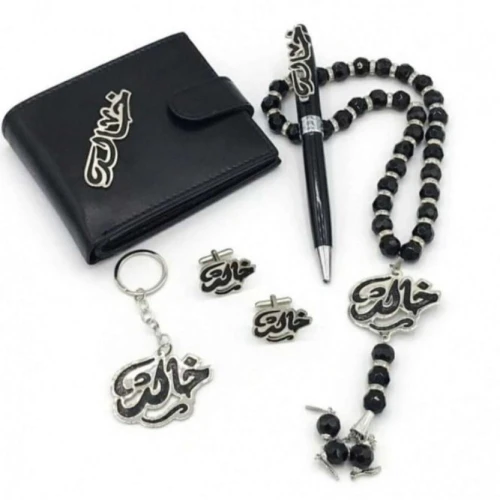 طقم اكسسوارت للرجال مطلي فضة - فضي وأسود - 5 قطع - F09