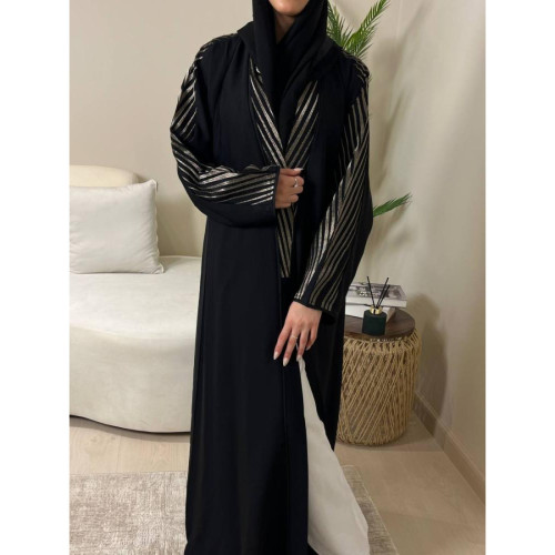 عباية لف منسوجة من قماش الانترنيت الطايح بتطريز ذهبي للنساء - أسود وذهبي - A194