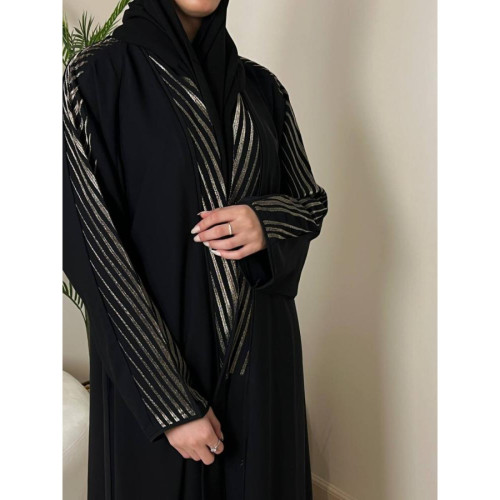 عباية لف منسوجة من قماش الانترنيت الطايح بتطريز ذهبي للنساء - أسود وذهبي - A194