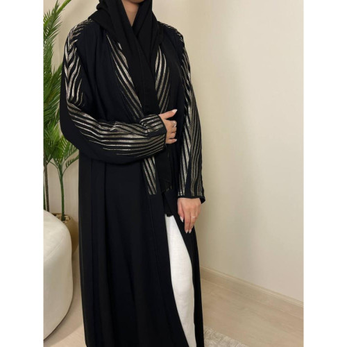 عباية لف منسوجة من قماش الانترنيت الطايح بتطريز ذهبي للنساء - أسود وذهبي - A194