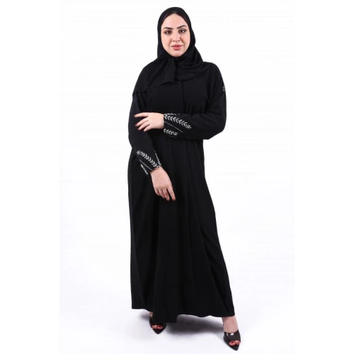 عباية تطريز مع شك ناعم بالكم للنساء - أسود