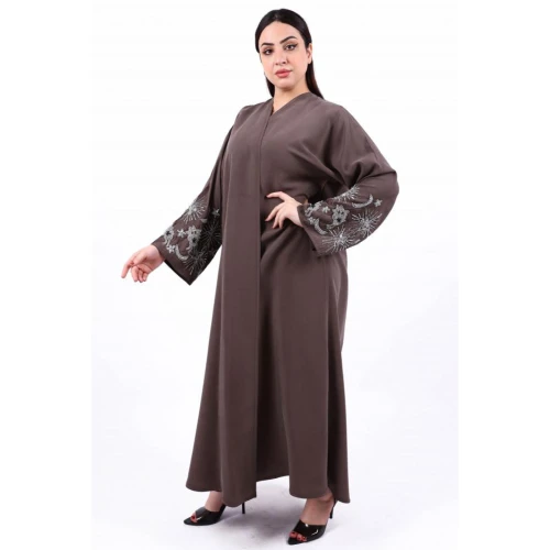 عباية أنيقة بشك فضي ناعم بالاكمام للنساء - بني