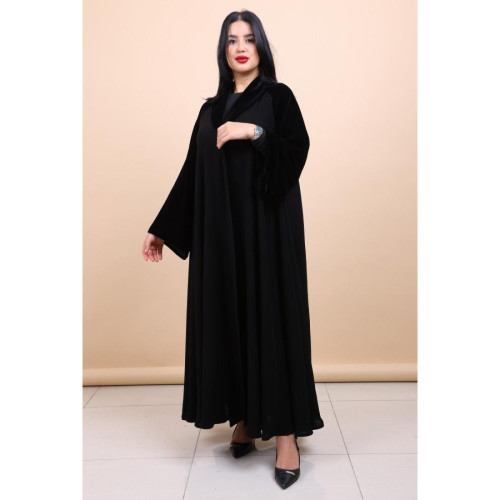 عباية نص كلوش باكمام وياقة مخمل للنساء - أسود