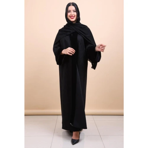 عباية شامو باكمام وياقة مخمل وشك يدوي للنساء - أسود