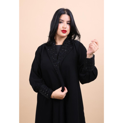 عباية شك يدوي مع ياقة شك قلاب للنساء - أسود