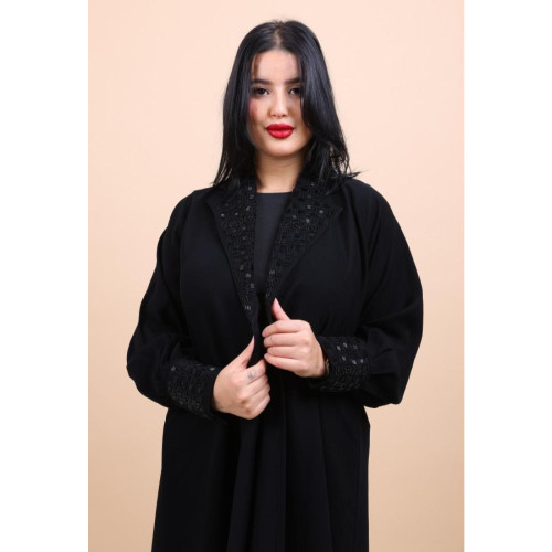 عباية شك يدوي مع ياقة شك قلاب للنساء - أسود