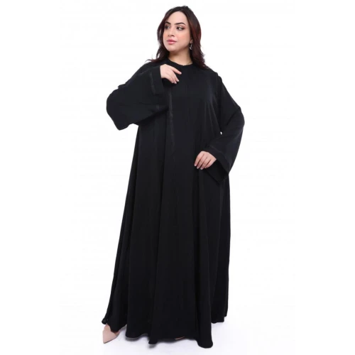 عباية كلوش بقيطان ناعم على الكم مع الأمام للنساء - أسود