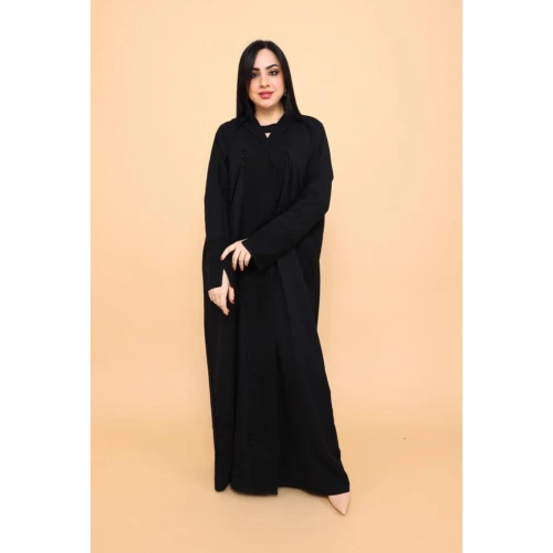 عباية بكم ناعم مع كلفة شك على الأمام - أسود - 02-023