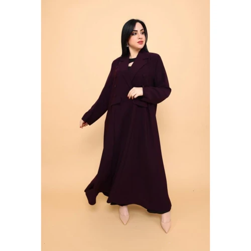 عباية بجيوب وياقة قلاب مزينة بأزرار كبس - كريب - أسود - 02-025