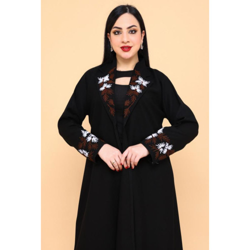 عباية بكم وياقة مزينة بتطريز بألوان أنيقة - أسود - 01-001