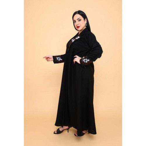عباية بكم وياقة مزينة بتطريز بألوان أنيقة - أسود - 01-001
