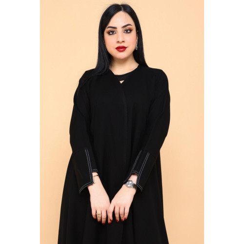 عباية بكم ضيق بتصميم مميز وياقة قلاب أنيقة - كريب - أسود - 01-005