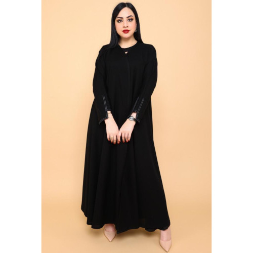 عباية بكم ضيق بتصميم مميز وياقة قلاب أنيقة - كريب - أسود - 01-005