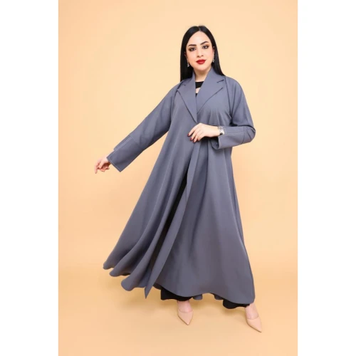 عباية بكم ضيق بتصميم مميز وياقة قلاب أنيقة - كريب - رصاصي - 01-007