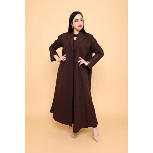 عباية بكم ضيق بتصميم مميز وياقة قلاب أنيقة - كريب - بني داكن - 01-008