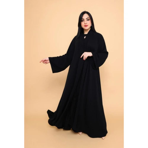 عباية بكم مربع وياقة بسيطة - حرير - أسود - 01-010