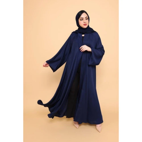 عباية بكم مربع وياقة بسيطة - حرير - كحلي - 01-009